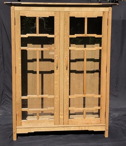 Voorhees Craftsman Greene & Greene style custom china cabinet, oak with ebony pegs. Remote controled lighting. 